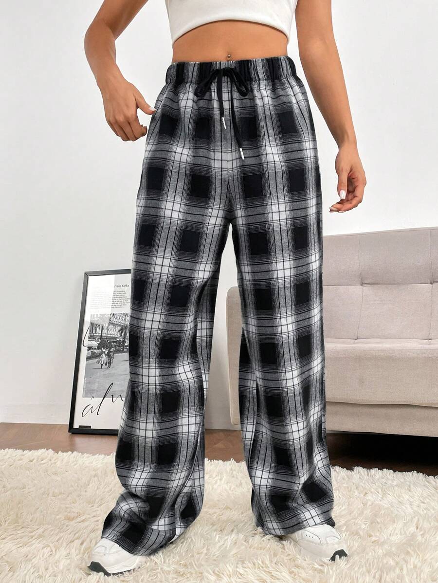 SHEIN EZwear Spring Dress Plaid Print Drawstring Waist Wide Leg Pants - Black and White - View 1