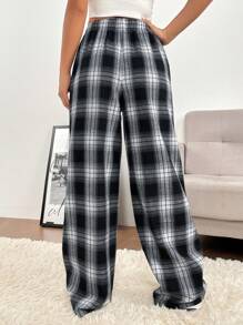 SHEIN EZwear Spring Dress Plaid Print Drawstring Waist Wide Leg Pants - Black and White - View 2