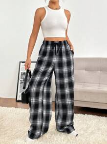 SHEIN EZwear Spring Dress Plaid Print Drawstring Waist Wide Leg Pants - Black and White - View 4