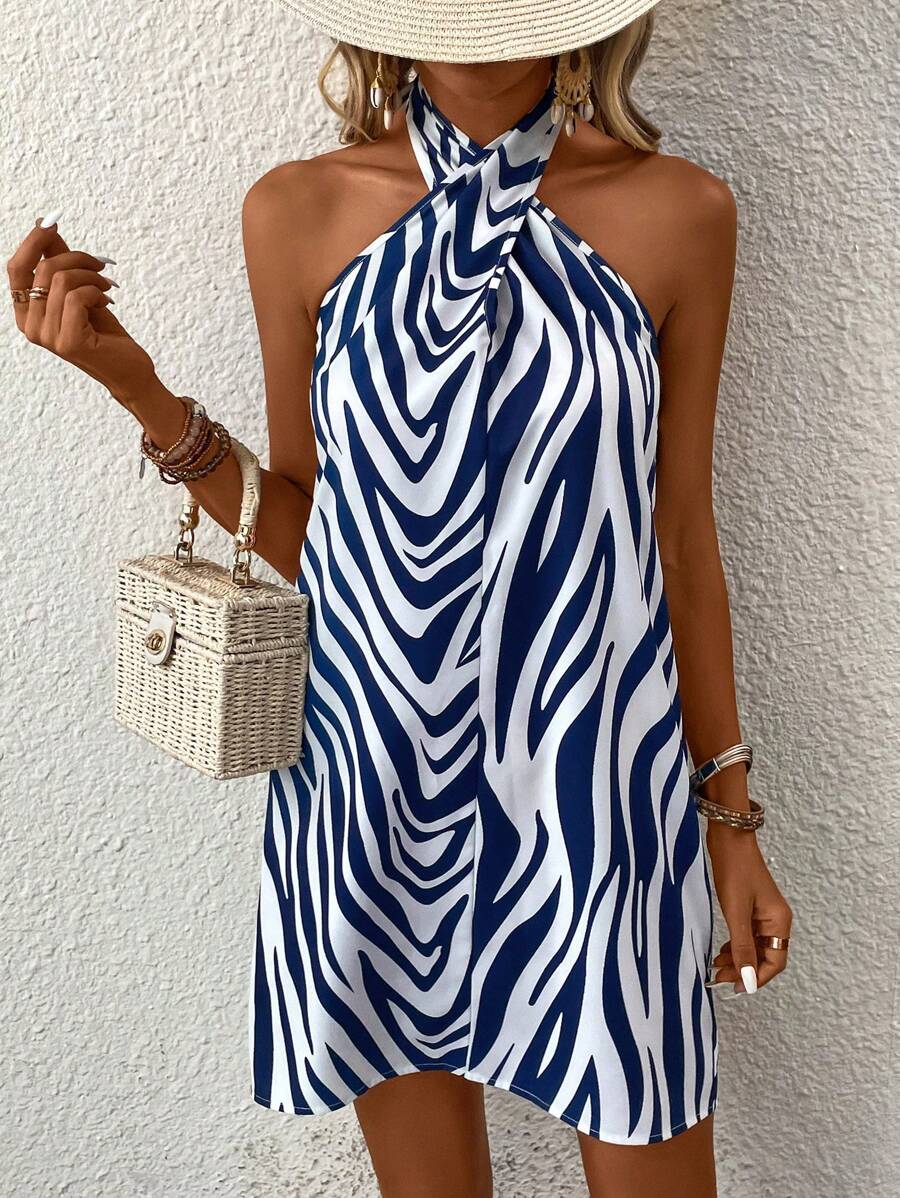 Breezaya Zebra Striped Halter Neck Backless Dress - Blue and White - View 1