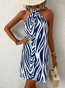Breezaya Zebra Striped Halter Neck Backless Dress - Blue and White - View 3