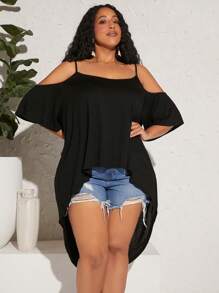 SHEIN CURVE+ Áo thun Plus size Tương phản ren Cắt ra Cao thấp màu trơn Giải trí - màu đen - Xem 1