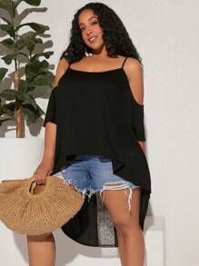 SHEIN CURVE+ Áo thun Plus size Tương phản ren Cắt ra Cao thấp màu trơn Giải trí - màu đen - Xem 3