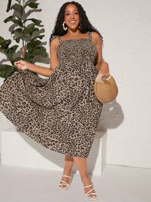 SHEIN CURVE+ Đầm Plus Size Thắt nút Dải chun In hoa Báo Boho - Nhiều màu - Xem 2