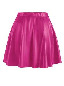 SHEIN Allurite Plus Solid PU Flare Skirt - Hot Pink - View 2