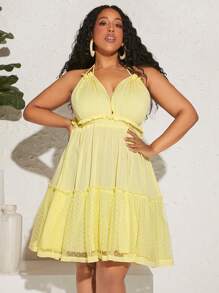 SHEIN CURVE+ Plus Swiss Dot Frill Trim Tie Backless Ruffle Hem Halter Dress - Yellow - View 7