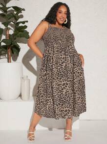 SHEIN CURVE+ Đầm Plus Size Thắt nút Dải chun In hoa Báo Boho - Nhiều màu - Xem 6