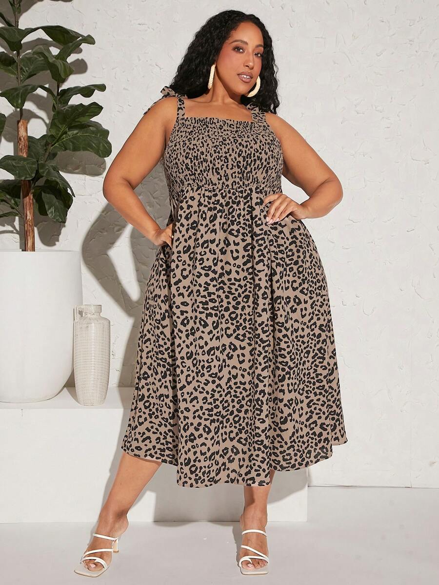 SHEIN CURVE+ Đầm Plus Size Thắt nút Dải chun In hoa Báo Boho - Nhiều màu - Xem 1