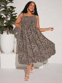 SHEIN CURVE+ Đầm Plus Size Thắt nút Dải chun In hoa Báo Boho - Nhiều màu - Xem 7