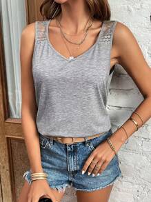 SHEIN LUNE Áo khoác và áo lót dành cho xe tăng nữ Tương phản ren màu trơn Giải trí - Xám - Xem 5