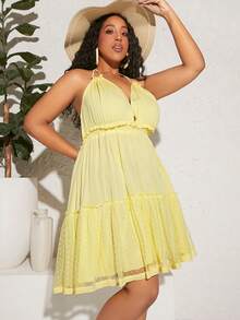 SHEIN CURVE+ Plus Swiss Dot Frill Trim Tie Backless Ruffle Hem Halter Dress - Yellow - View 6