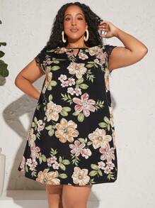 SHEIN CURVE+ 大碼印花鎖眼領蕾絲袖直筒洋裝 - 彩色 - 查看 2