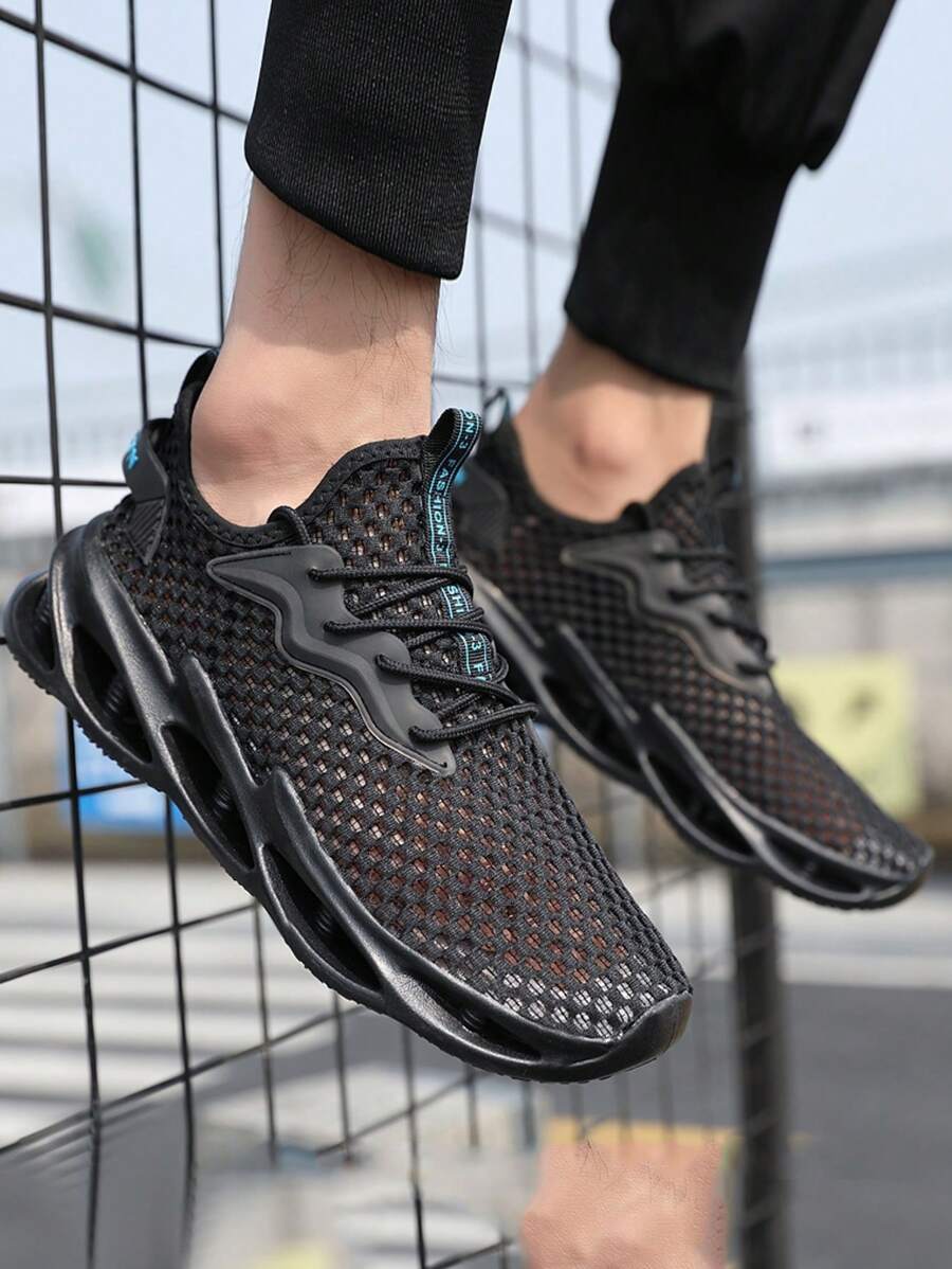 Sporty Sneakers For Men, Mesh Panel Lace-up Front Running Shoes - Black - View 1