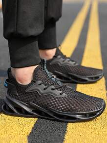 Sporty Sneakers For Men, Mesh Panel Lace-up Front Running Shoes - Black - View 2