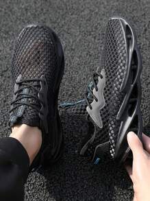 Sporty Sneakers For Men, Mesh Panel Lace-up Front Running Shoes - Black - View 3