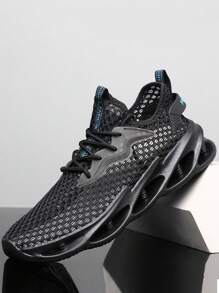 Sporty Sneakers For Men, Mesh Panel Lace-up Front Running Shoes - Black - View 4