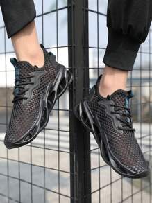 Sporty Sneakers For Men, Mesh Panel Lace-up Front Running Shoes - Black - View 5