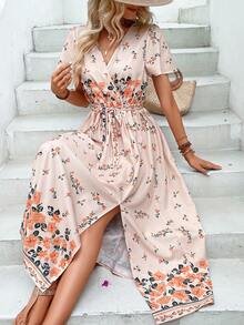 SHEIN VCAY Floral Print Split Thigh Dress - Multicolor - View 3