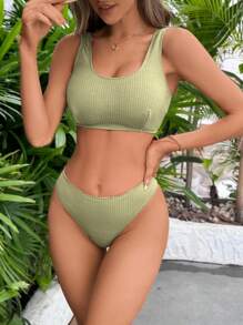 SHEIN Swim Bañador bikini liso de talle alto - Verde - Ver 4