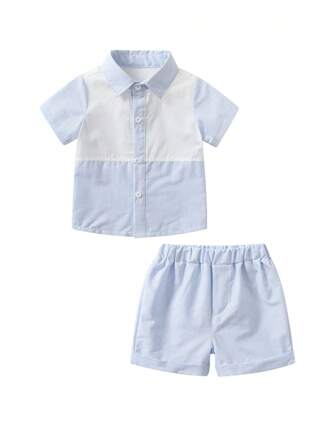 男嬰藍色 和 白色拼接T恤夏季服裝