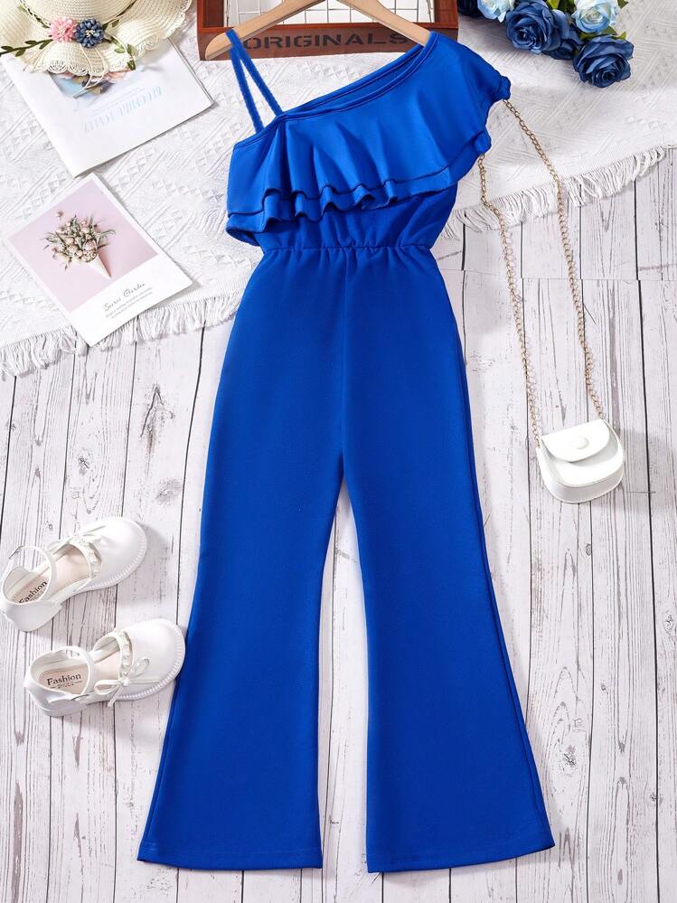 SHEIN Girls Asymmetrical Neck Ruffle Trim Flare Leg Jumpsuit - Blue - View 2