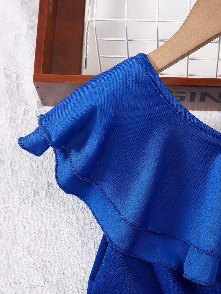 SHEIN Girls Asymmetrical Neck Ruffle Trim Flare Leg Jumpsuit - Blue - View 6