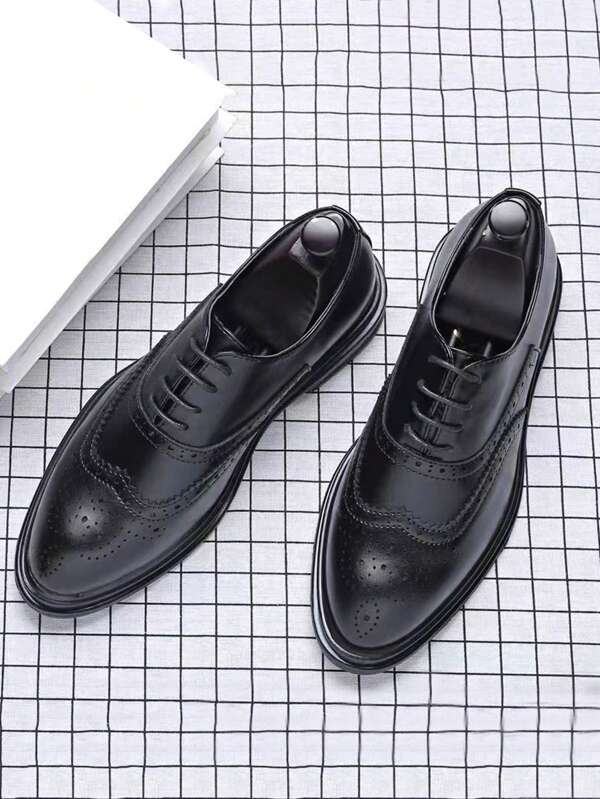 Men Wingtip Detail Laceup Front Dress Shoes, Work Black Oxford Shoes