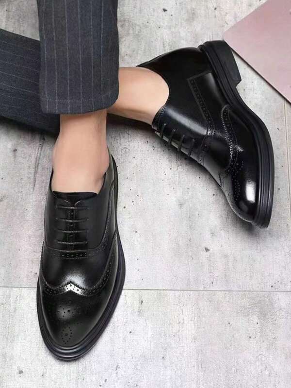 Men Wingtip Detail Laceup Front Dress Shoes, Work Black Oxford Shoes