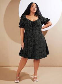 SHEIN CURVE+ Đầm Plus Size Dây kéo Thắt nút Xù Chấm bi Giải trí - Đen và trắng - Xem 3