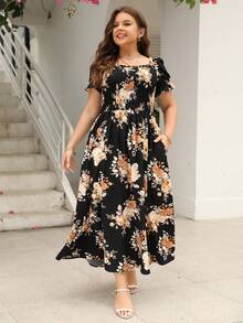 大碼印花打褶荷葉邊連衣裙 - 黑色 - 查看 6