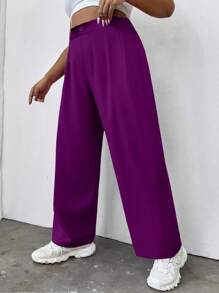Flirla Plus High Waist Plicated Detail Straight Leg Trousers - Purple - View 3