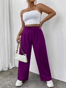 Flirla Plus High Waist Plicated Detail Straight Leg Trousers - Purple - View 7
