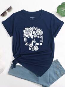 SHEIN EZwear Áo thun nữ Hoa Lễ Các Thánh Giải trí - Màu xanh hải quân - Xem 1