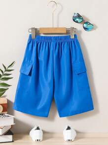 SHEIN 男孩字母圖案翻蓋口袋工裝短褲 - 藍色 - 查看 2