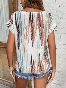 SHEIN LUNE Blusa de manga de murciélago con estampado de pinceladas, blusas de manga corta - Multicolor - Ver 2