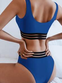 Contrast Mesh High Waisted Bikini Set For Summer Beach - Blue - View 2
