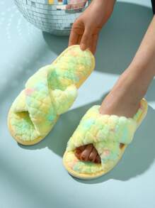 時尚拖鞋適用於女士紮染交叉毛茸茸臥室拖鞋