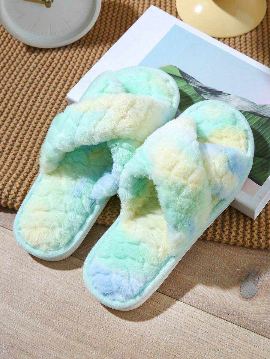 時尚拖鞋適用於女士紮染交叉毛茸茸臥室拖鞋