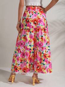 SHEIN VCAY Váy nữ POM Pom Viên lá sen phân lớp Hoa Tất cả trên in Boho - Nhiều màu - Xem 2