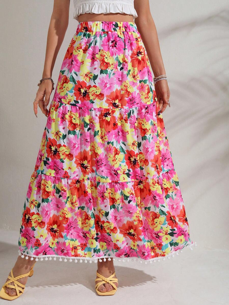 SHEIN VCAY Váy nữ POM Pom Viên lá sen phân lớp Hoa Tất cả trên in Boho - Nhiều màu - Xem 1