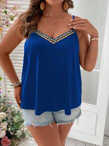 SHEIN LUNE Áo hai dây Plus Size Ruy băng Hình học Giải trí - Xanh đậm - Xem 3