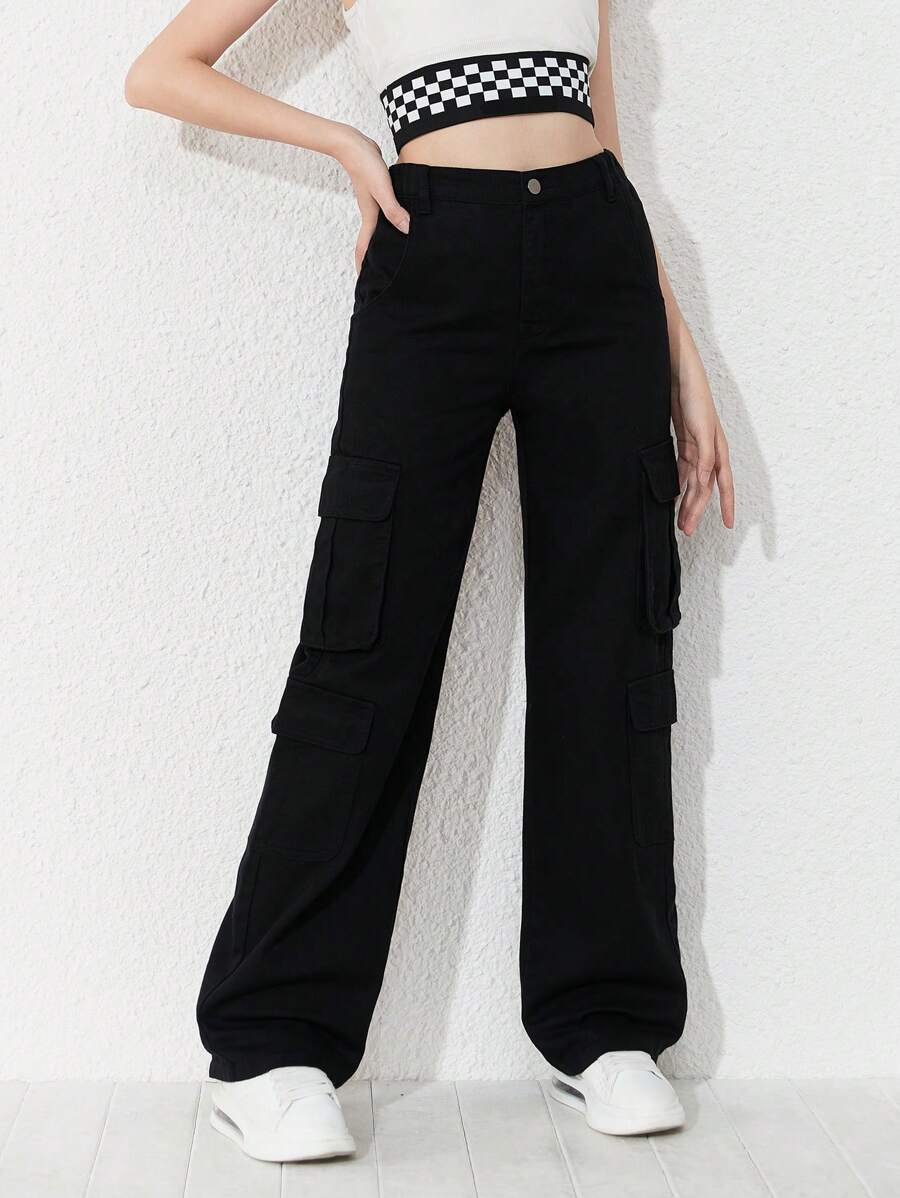 SHEIN Sparklyn 青少年女孩翻蓋口袋工裝牛仔褲 - 黑色 - 查看 1