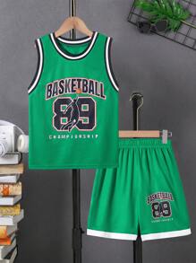 SHEIN Juego De Camiseta De Baloncesto Con Gráficos De Letras Y Ribetes De Rayas Para Niños Preadolescentes - Verde - Ver 1