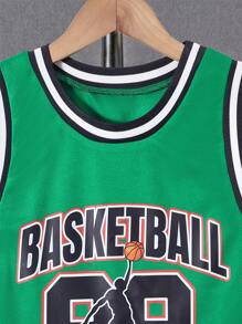 SHEIN Juego De Camiseta De Baloncesto Con Gráficos De Letras Y Ribetes De Rayas Para Niños Preadolescentes - Verde - Ver 3