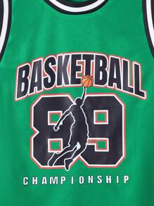 SHEIN Juego De Camiseta De Baloncesto Con Gráficos De Letras Y Ribetes De Rayas Para Niños Preadolescentes - Verde - Ver 4