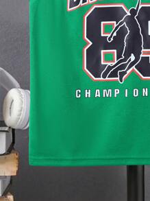SHEIN Juego De Camiseta De Baloncesto Con Gráficos De Letras Y Ribetes De Rayas Para Niños Preadolescentes - Verde - Ver 5