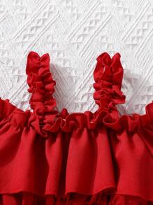 SHEIN 褶皺邊 打褶純色嬰兒連衣裙 - 紅色 - 查看 3