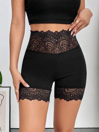 SHEIN Privé Contrast Lace High Waist Biker Black Short Shorts