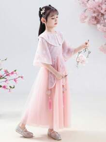 派對花卉印花女童連衣裙蕾絲拼接 網拼接 刺綉 流蘇 拉鍊 - 粉色 - 查看 2