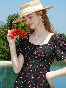 Floral Print Sweetheart Neck Puff Sleeve Dress - Black - View 3